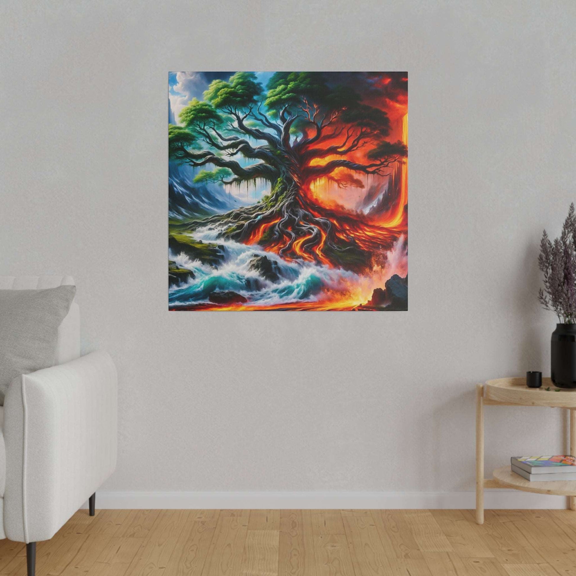 Square canvas painting featuring a large tree with fiery lava on the right and blue water on the left.
