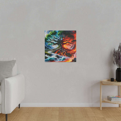 Square canvas painting of a twisted tree with exposed roots, blue-green on the left and fiery red-orange on the right, with waves at the