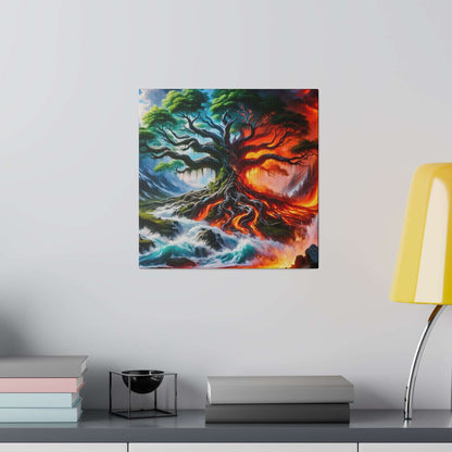 Square canvas painting of a twisted tree with green foliage on left and fiery red-orange bark on right, mounted on a pale gray wall.