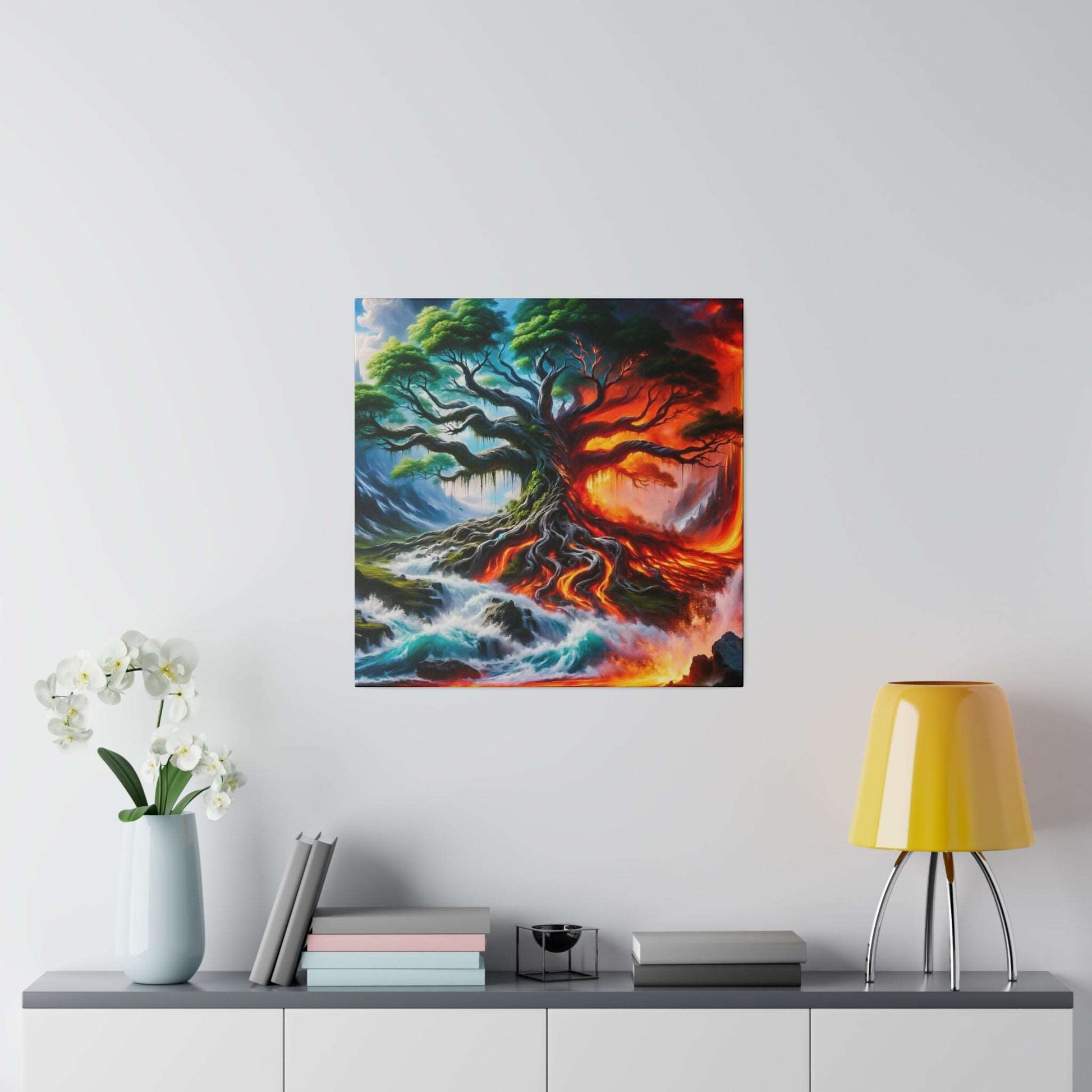 Square canvas painting of a large tree with exposed roots, set against a blue-water left and fiery red right scene.