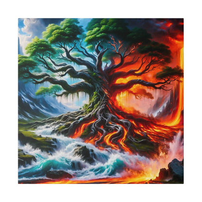 Colorful painting of a large gnarled tree with green leaves, split: left blue water, right fiery lava.