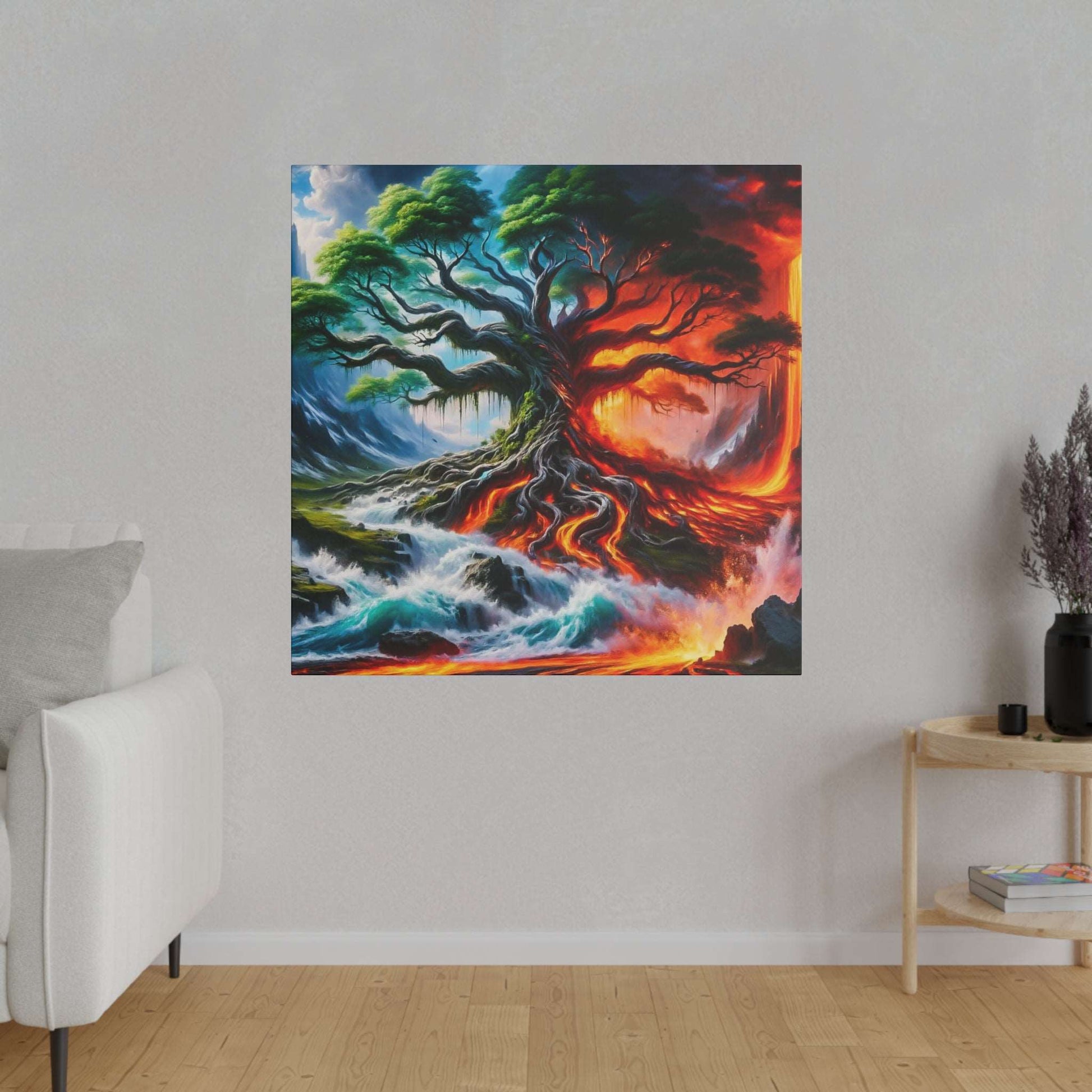 Vibrant canvas painting of a large twisted tree with exposed roots, blue waves on the left and fiery lava on the right.
