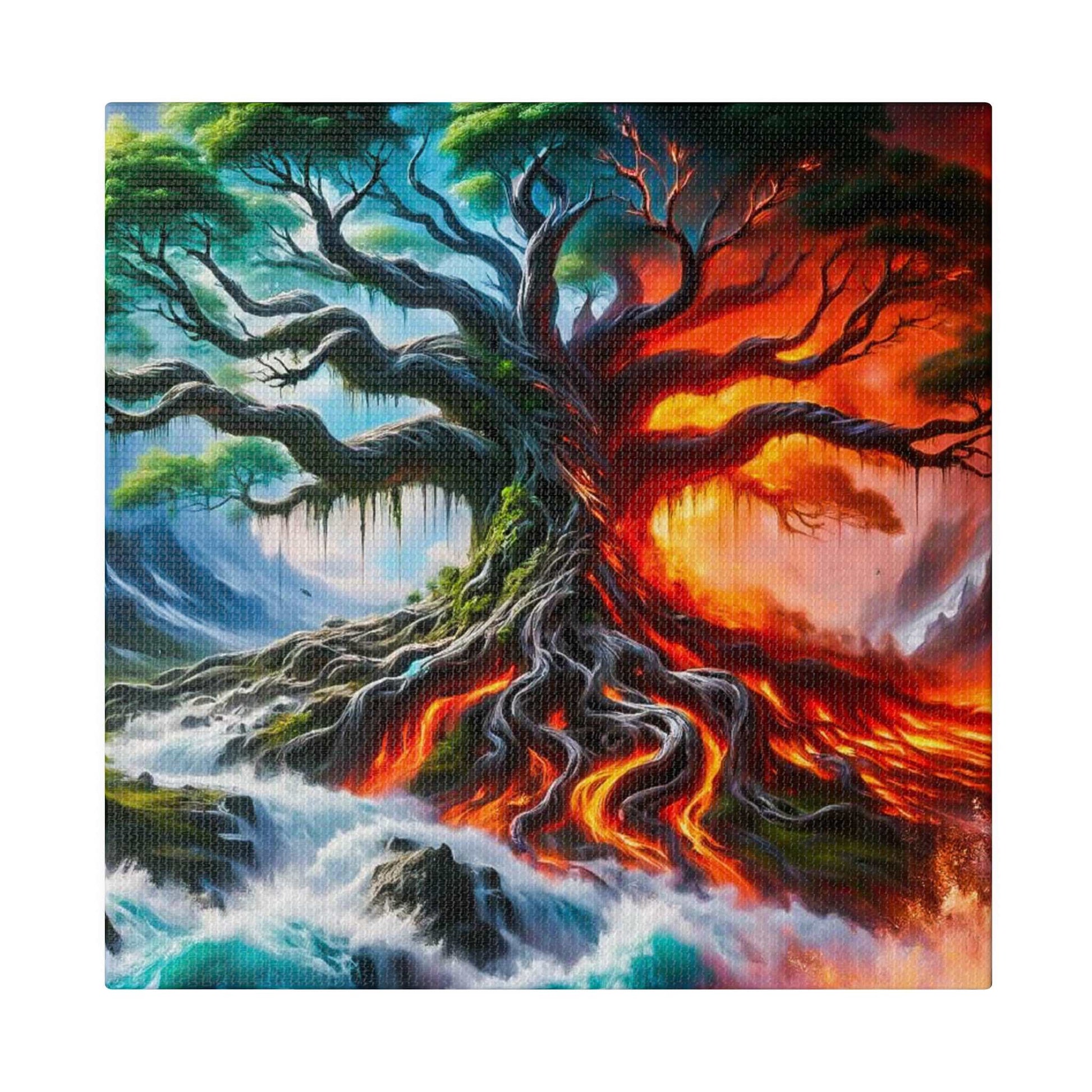 A colorful canvas painting of a gnarled tree with blue-green left side and fiery red-orange right side, roots sprawling over lava-like