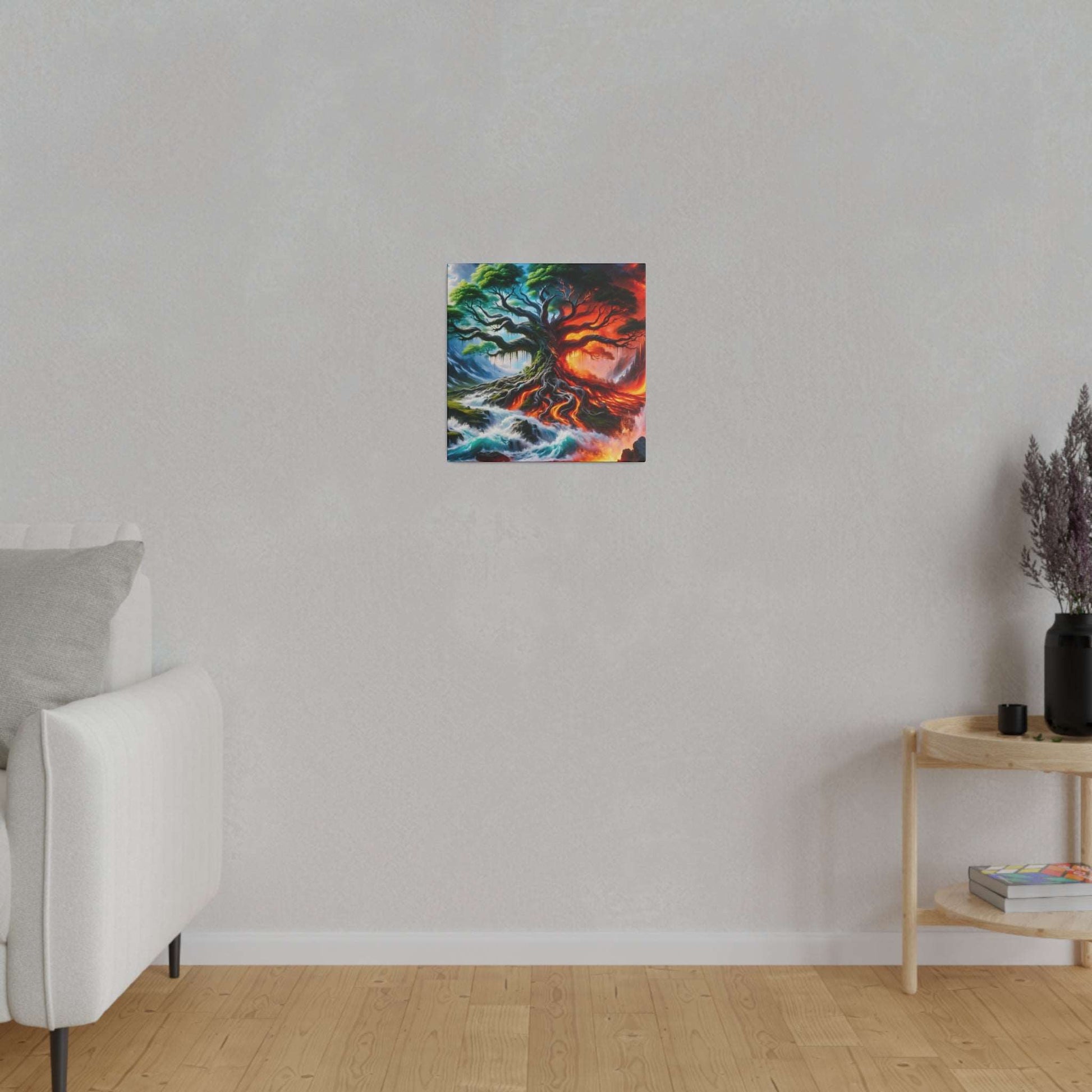 Small square canvas painting of a gnarled tree with multicolored fiery and watery elements on a light gray wall.