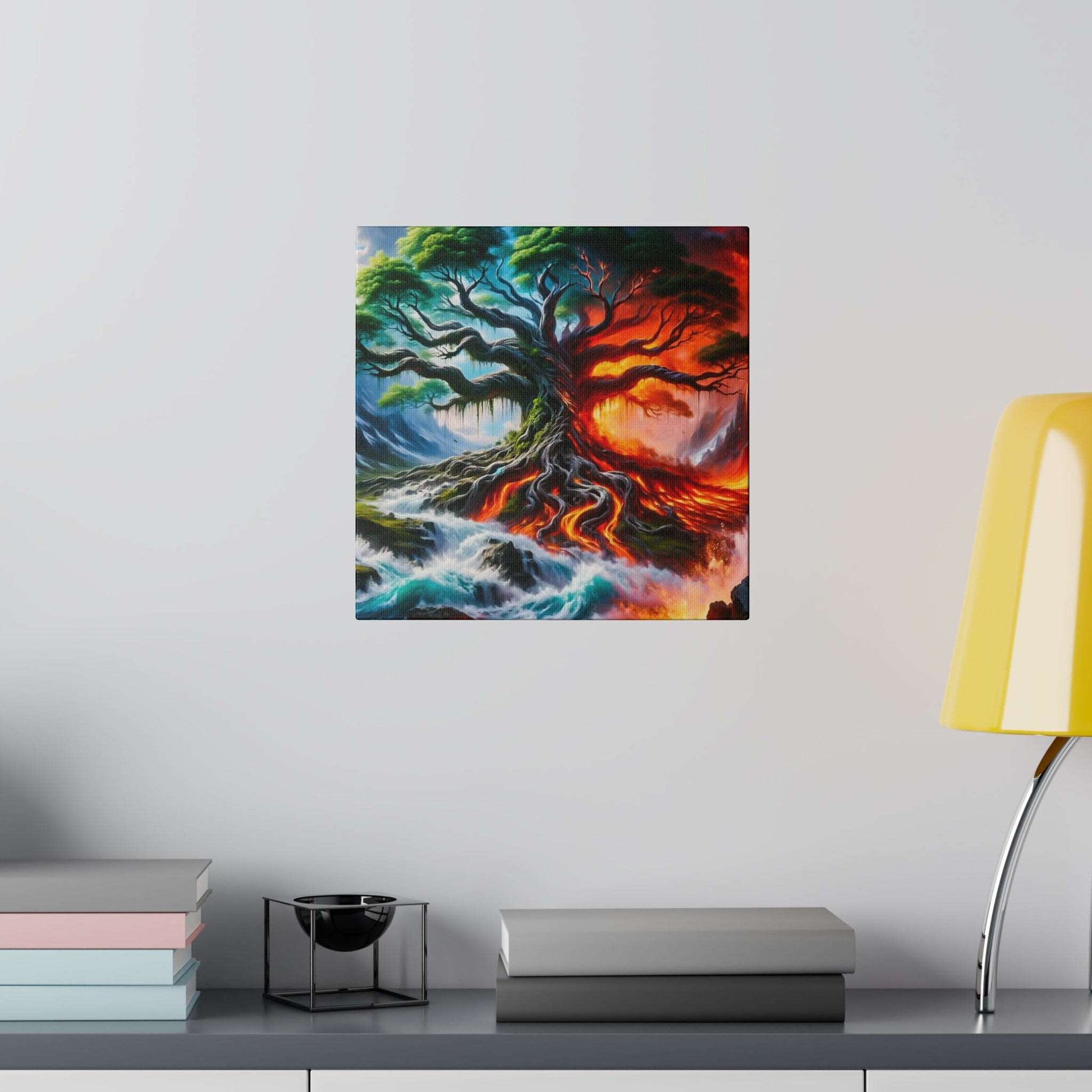Square canvas painting of a gnarly tree with roots, split between cool blue-green left and fiery red-orange right.