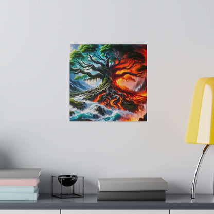 Square canvas painting of a gnarly tree with roots, split between cool blue-green left and fiery red-orange right.