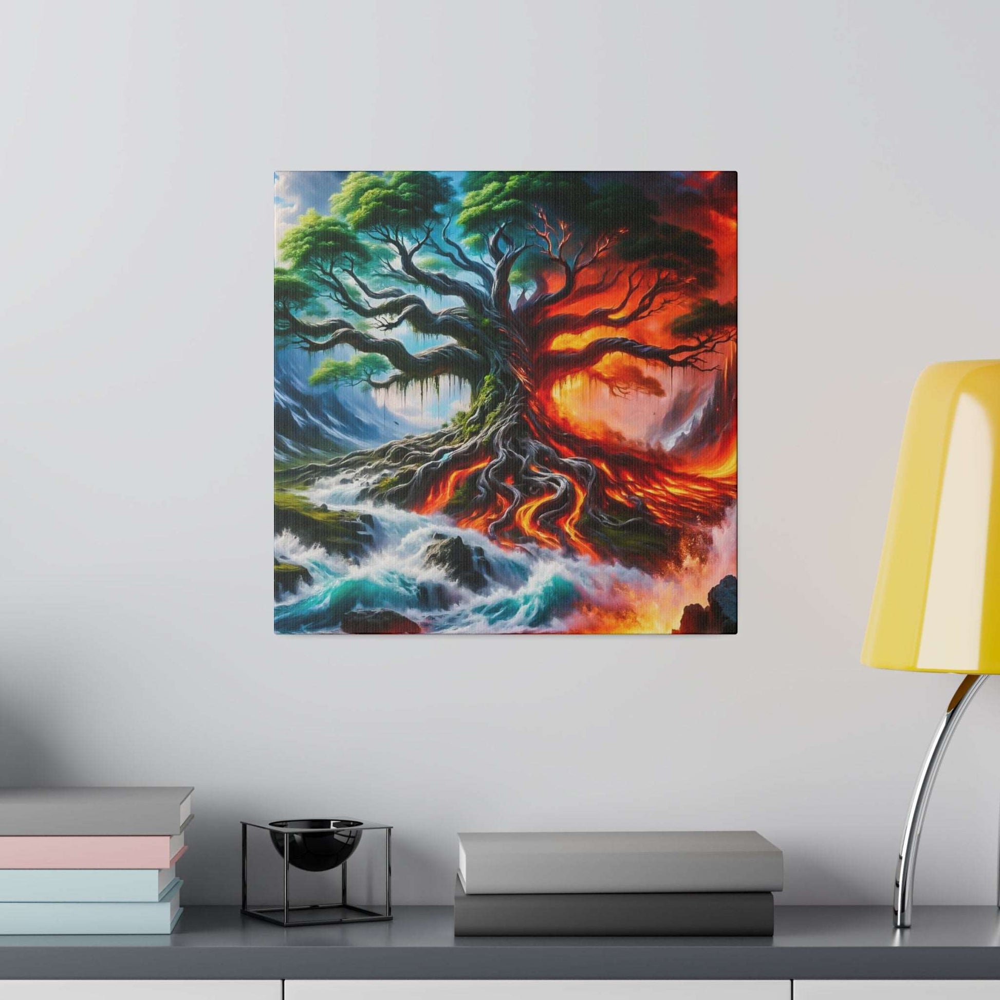 Colorful canvas painting of a gnarled tree with exposed roots, split by blue water on the left and fiery lava on the right.