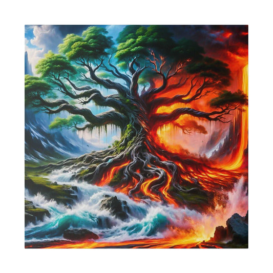 Vibrant painting of a large twisted tree with green foliage, its trunk split between blue left and fiery lava right, with turbulent water.