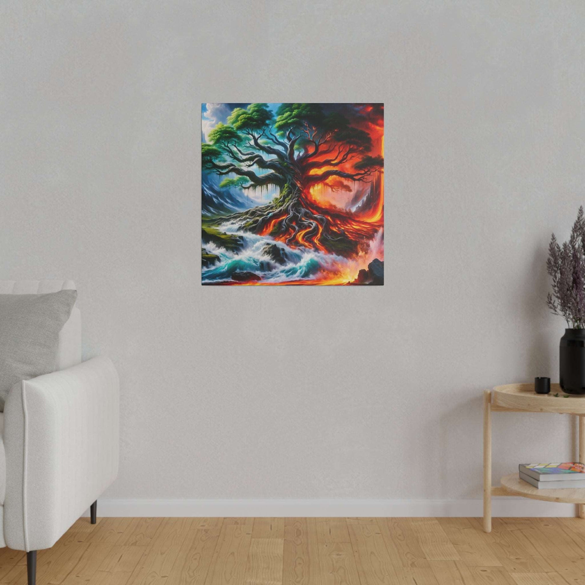 Square canvas painting of a gnarled tree with fiery orange-red roots against blue-green surroundings, hung on a light gray wall.