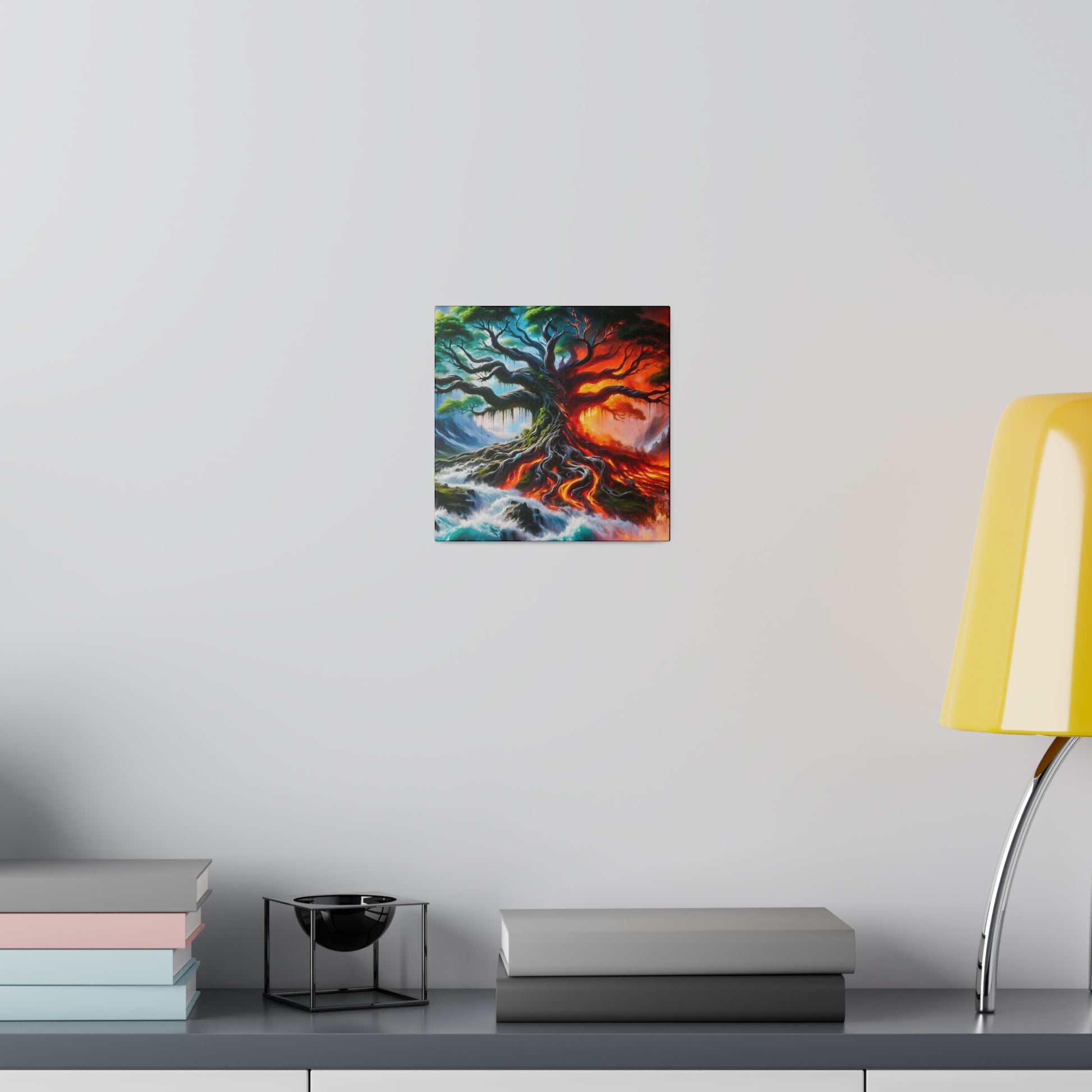 Small square painting of a twisted tree with vibrant blue, green, and red tones mounted on a light gray wall.
