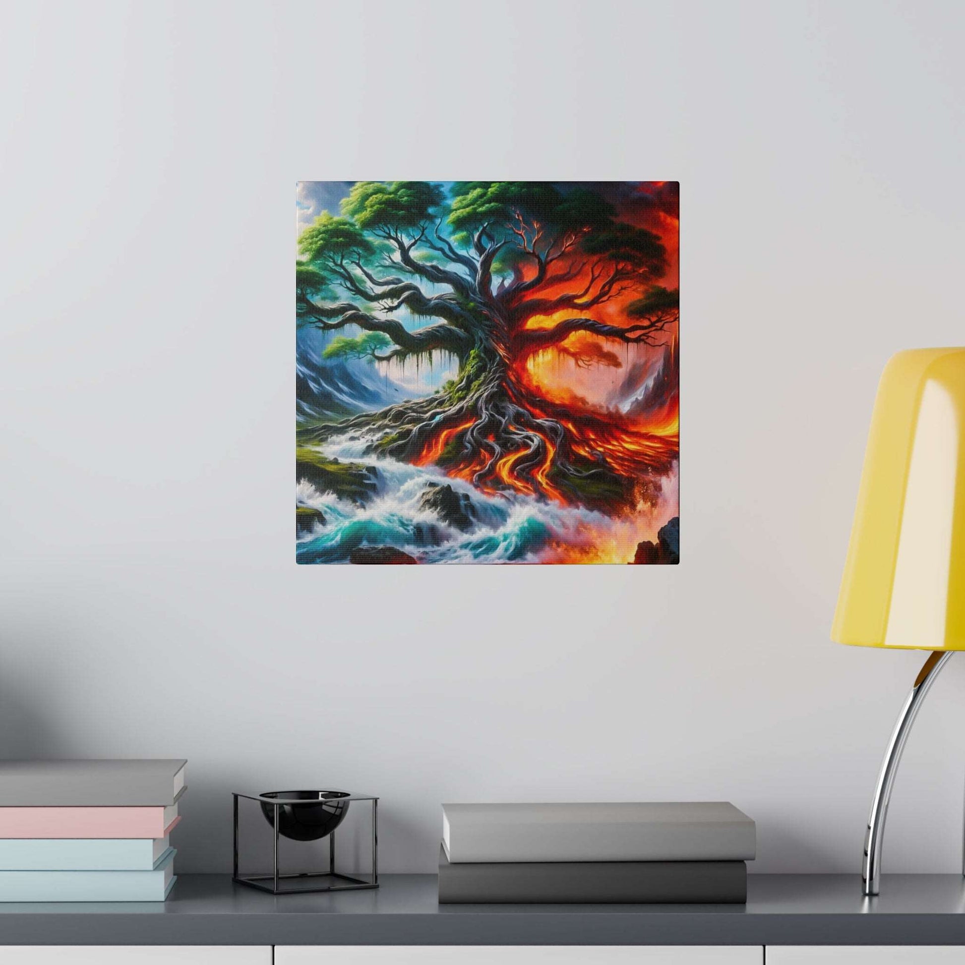 Colorful canvas painting of a tree with roots and branches split between blue water on the left and fiery red/orange lava on the right.