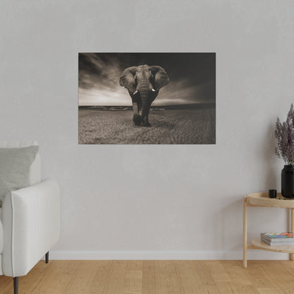 Black-and-white photo of a lone elephant walking toward the camera on a sandy beach with the ocean on the horizon.