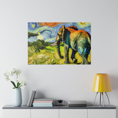 Abstract, colorful painting of an elephant in a grassy landscape with a swirled sky.