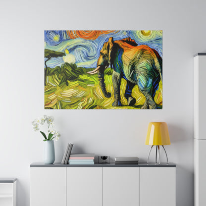 Abstract, colorful painting of an elephant with swirling greens, blues, and yellows hanging above a white cabinet in a bright living room.