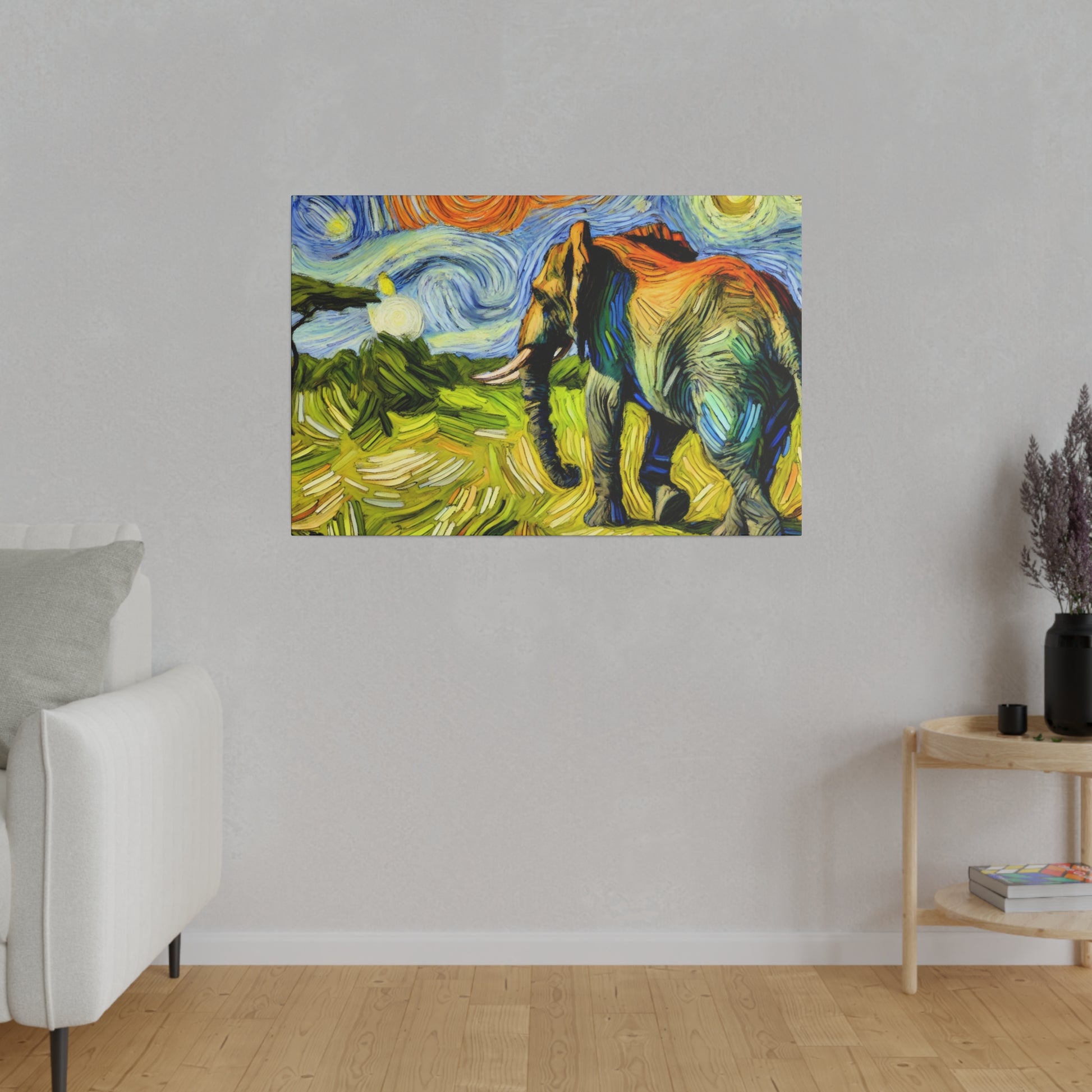 Colorful, impressionistic painting of an elephant walking through a green landscape with a swirled blue sky.