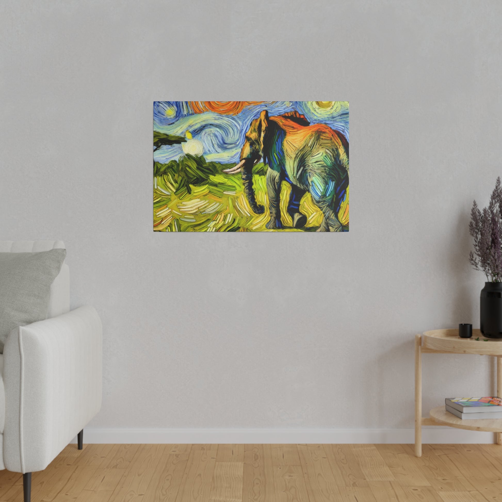 Colorful painting of an elephant walking in a bright landscape mounted on a light gray wall.
