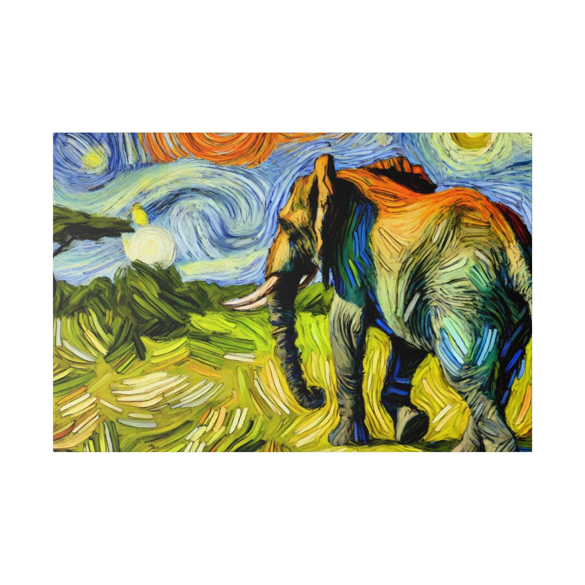 Colorful impressionist painting of a gray elephant with orange and green accents standing in a field under a swirled blue sky.