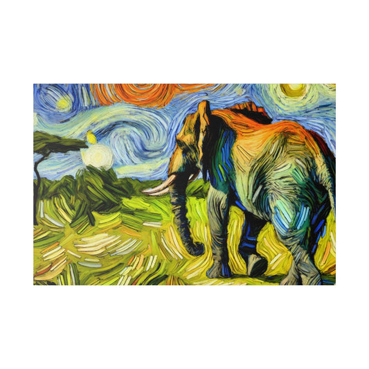 Colorful painting of an elephant standing in a grassy landscape with a swirling blue sky.