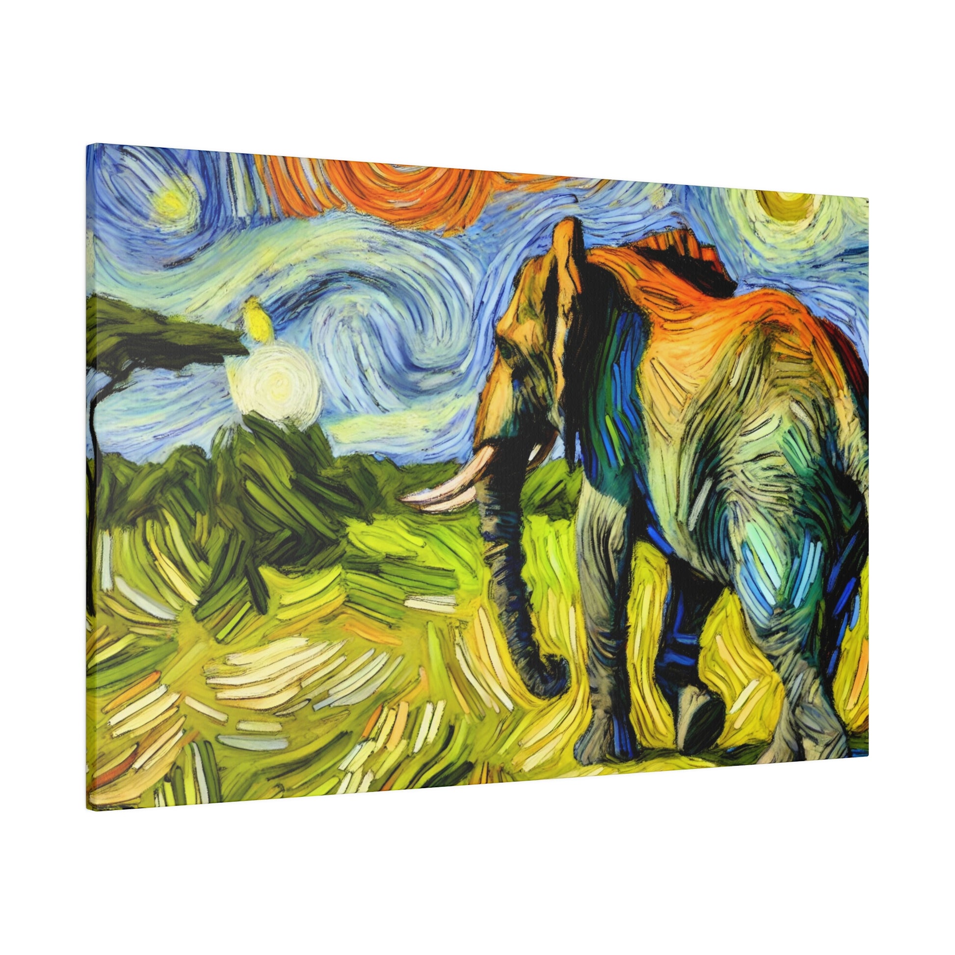 Colorful canvas painting of an elephant with a person beside it in a grassy field under a swirled blue sky.