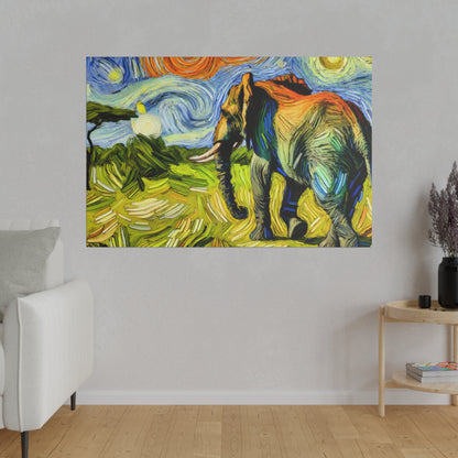 Vivid brushstroke painting of a multicolored elephant on a gray wall in a living room.