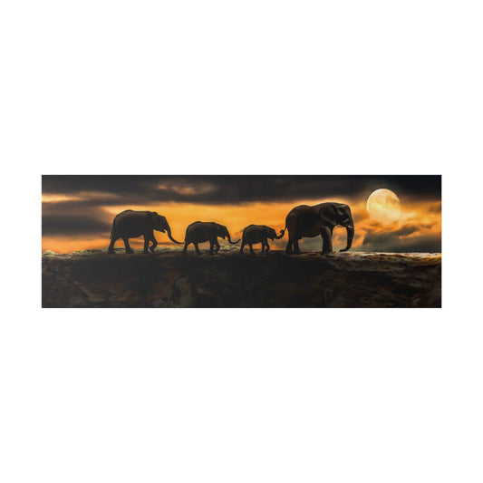 Silhouetted elephants walking in a line along a ridge at sunset, with a full moon in an orange sky.