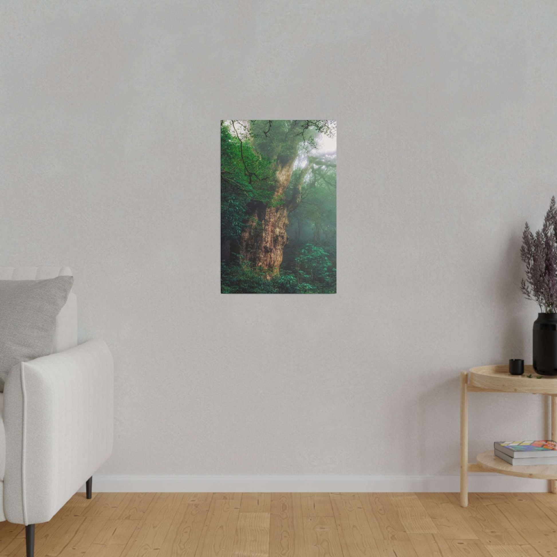 Vertical canvas print of an ancient, moss-covered tree trunk in a dense green forest.