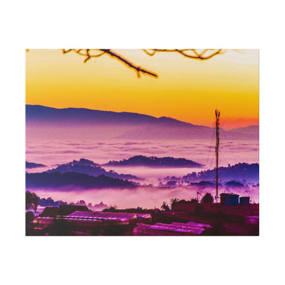 Sunrise over a misty valley with purple fog and distant hills, a small village with a tall antenna on a hill.