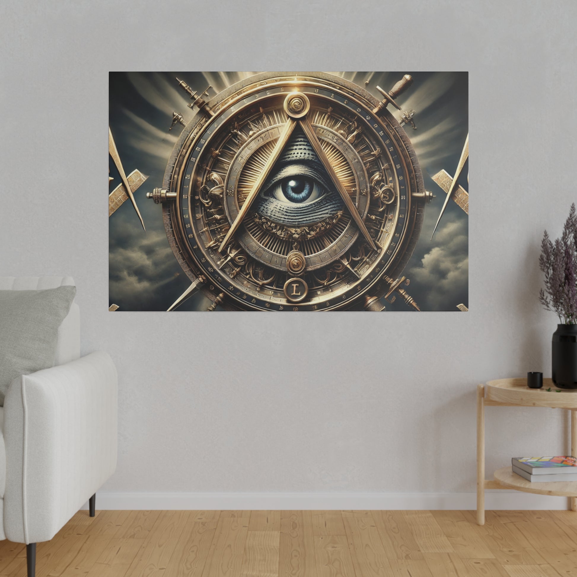 Decorative wall art featuring a bronze steampunk circular device with a blue eye at the center.