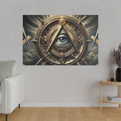 Decorative wall art featuring a bronze steampunk circular device with a blue eye at the center.