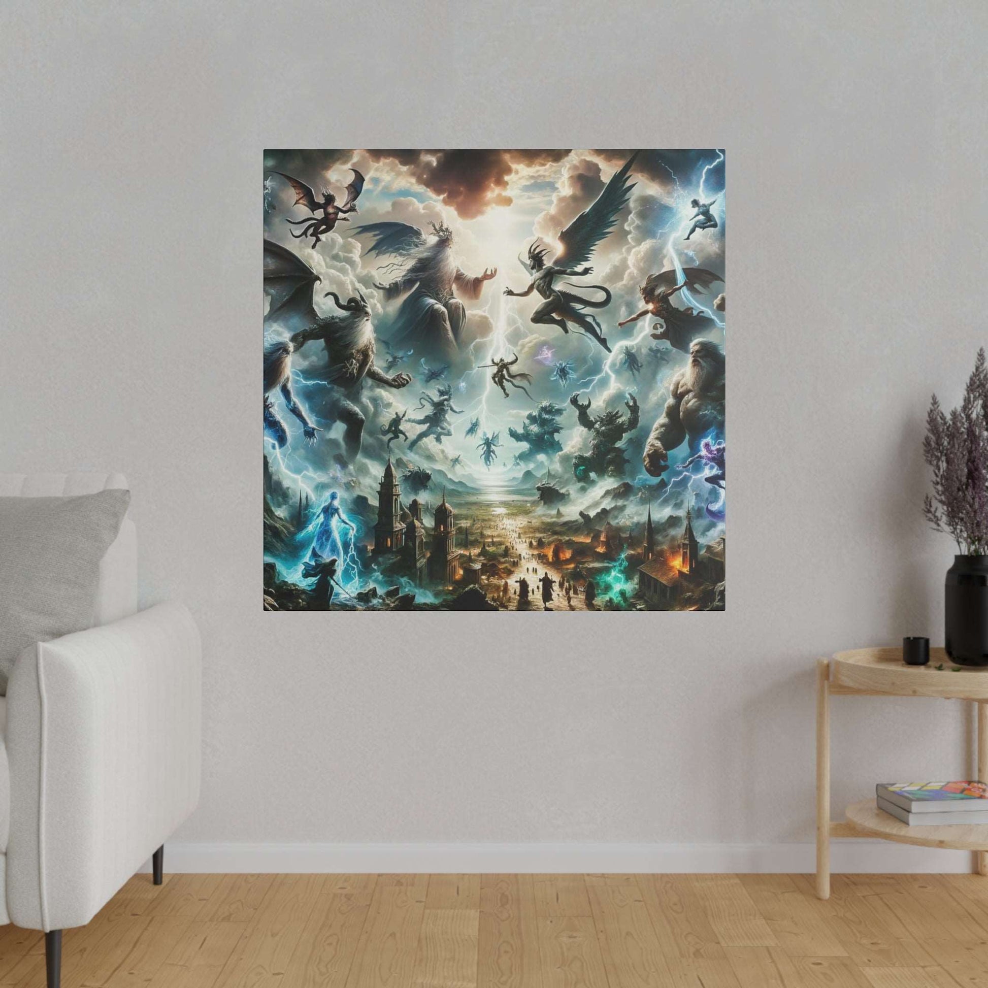 Large mythological canvas painting showing flying gods and monsters battling above a ruined city.