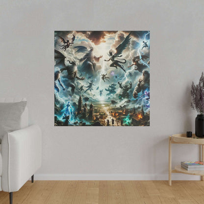 Large mythological canvas painting showing flying gods and monsters battling above a ruined city.