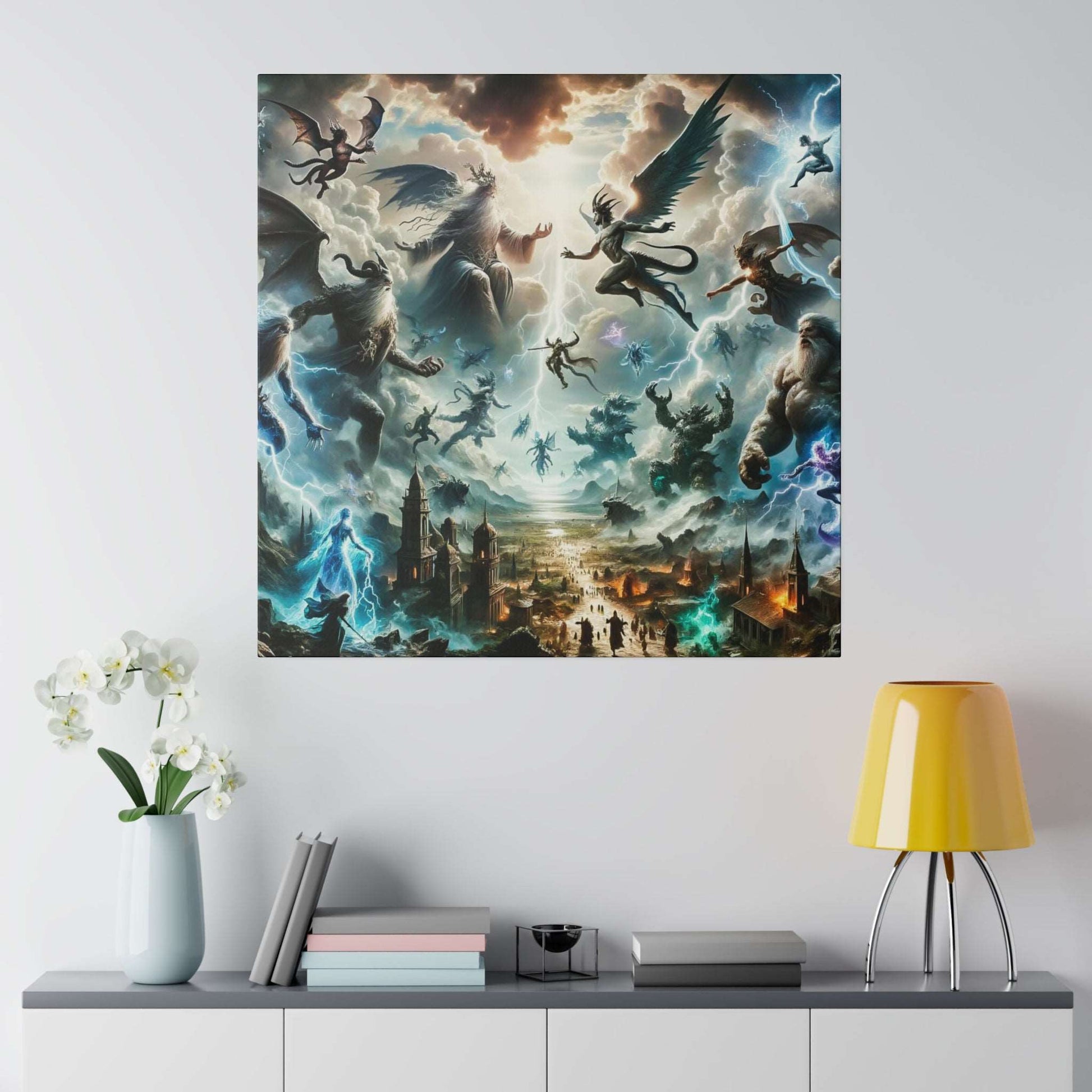 Epic mythological canvas depicting flying gods, monsters, and lightning above a burning city.