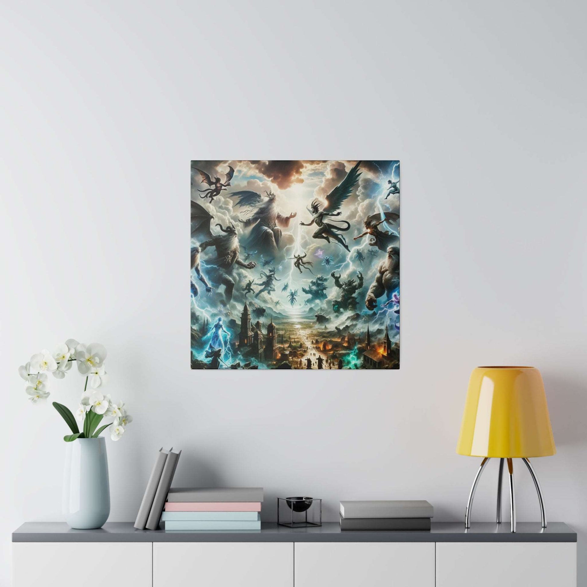Canvas art depicting a mythological battle in a cloudy sky with flying figures and a fiery city below.