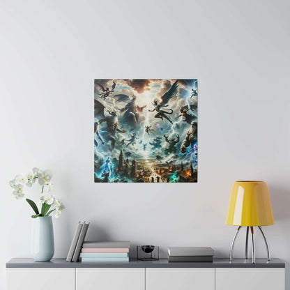 Canvas art depicting a mythological battle in a cloudy sky with flying figures and a fiery city below.