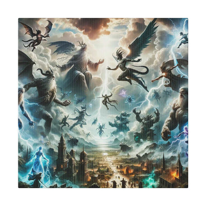 Epic mythological canvas painting showing gods and winged beings battle above a ruined city engulfed in lightning and clouds.
