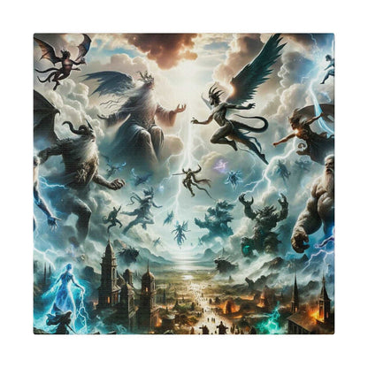 Epic mythological canvas art showing winged beings, dragons, and demons battling above a ruined city.