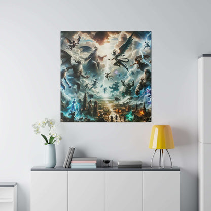 Epic mythological canvas painting showing gods and monsters in a fiery, stormy battle above a ruined city.
