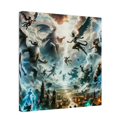 Epic mythological canvas art of winged gods and demons clashing in the sky above a burning, ruined city.