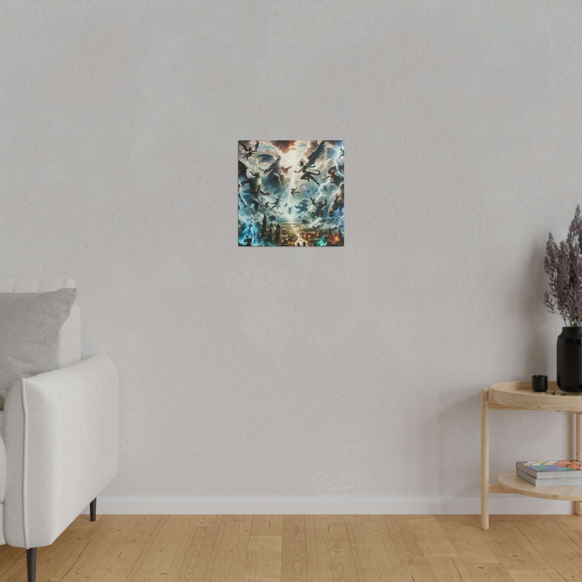 Small square canvas print titled “Battle of the Gods” shows a chaotic mythological battle in blue, teal, and orange hues on a light gray