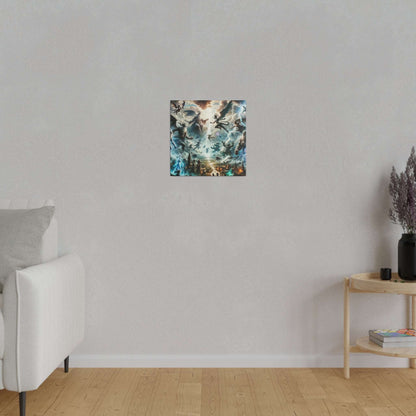 Small square canvas print titled “Battle of the Gods” shows a chaotic mythological battle in blue, teal, and orange hues on a light gray