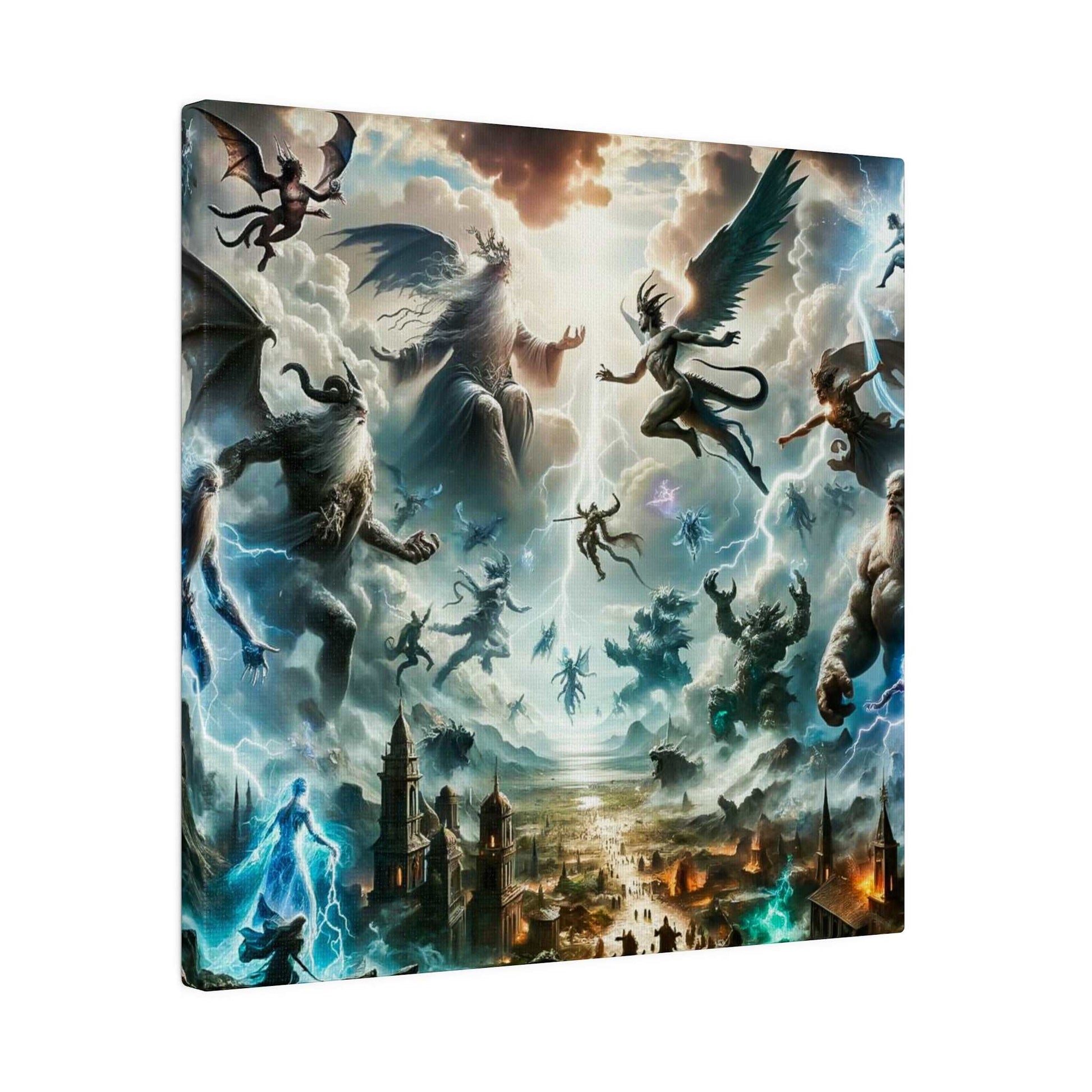 Epic mythological canvas showing a battle among gods and demons in a cloudy sky over a medieval city.