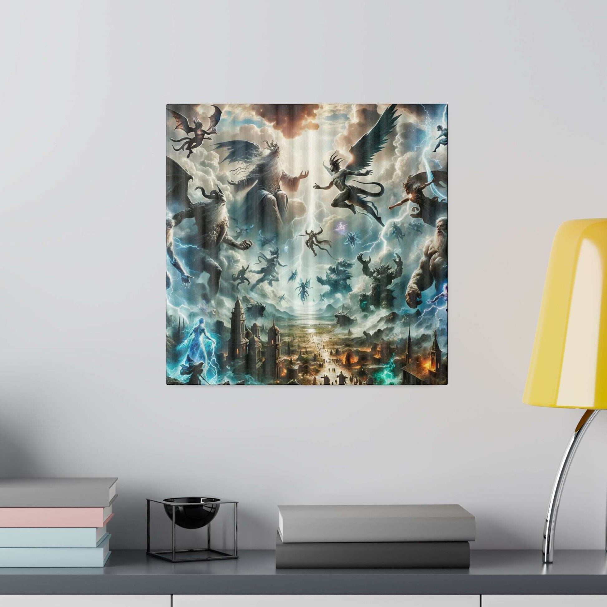 Square canvas art titled Battle of the Gods depicting a dramatic mythological battle with winged figures above a ruined city.