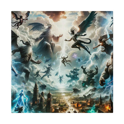 Epic mythological scene on canvas: winged gods and demons clash above a burning city.