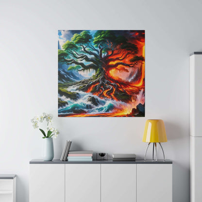 Colorful canvas of a twisted tree with green foliage on the left and red-orange lava on the right, hung on a white wall.