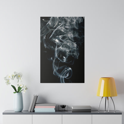 Vertical canvas print of swirling white smoke on a black background, hung above a white console.