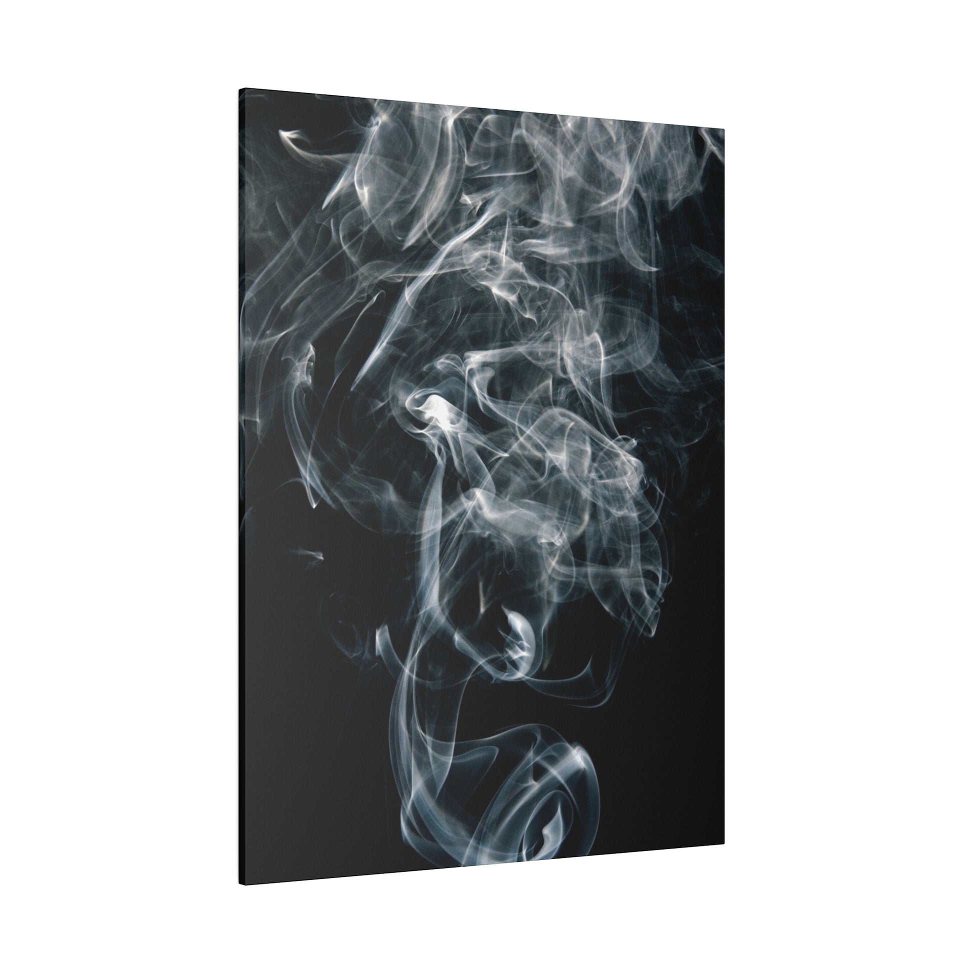 Vertical canvas wall art featuring swirling white smoke wisps against a dark gray to black background.