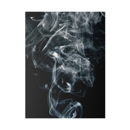 Vertical photograph of twisting blue-gray smoke wisps against a dark background.