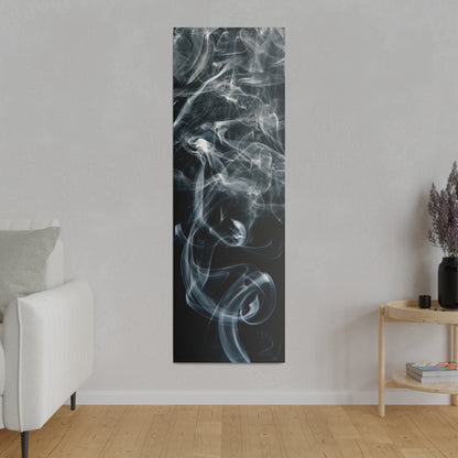Tall vertical wall art panel featuring swirling white smoke against a dark gray to black gradient.