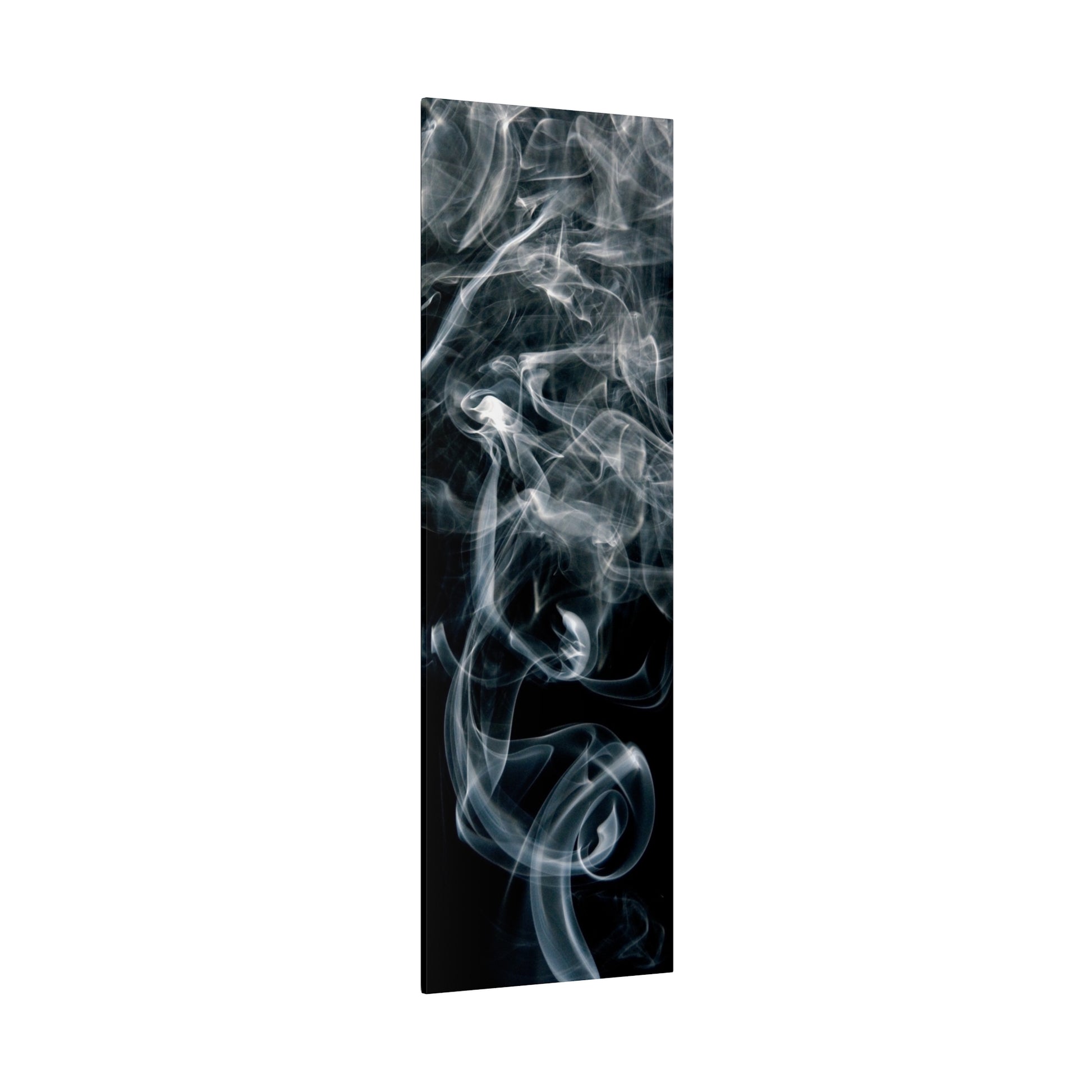 Tall rectangular panel featuring a black background with white-gray smoke wisps swirling throughout.