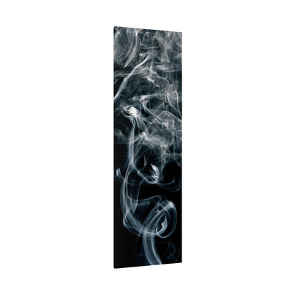 Tall rectangular panel featuring a black background with white-gray smoke wisps swirling throughout.